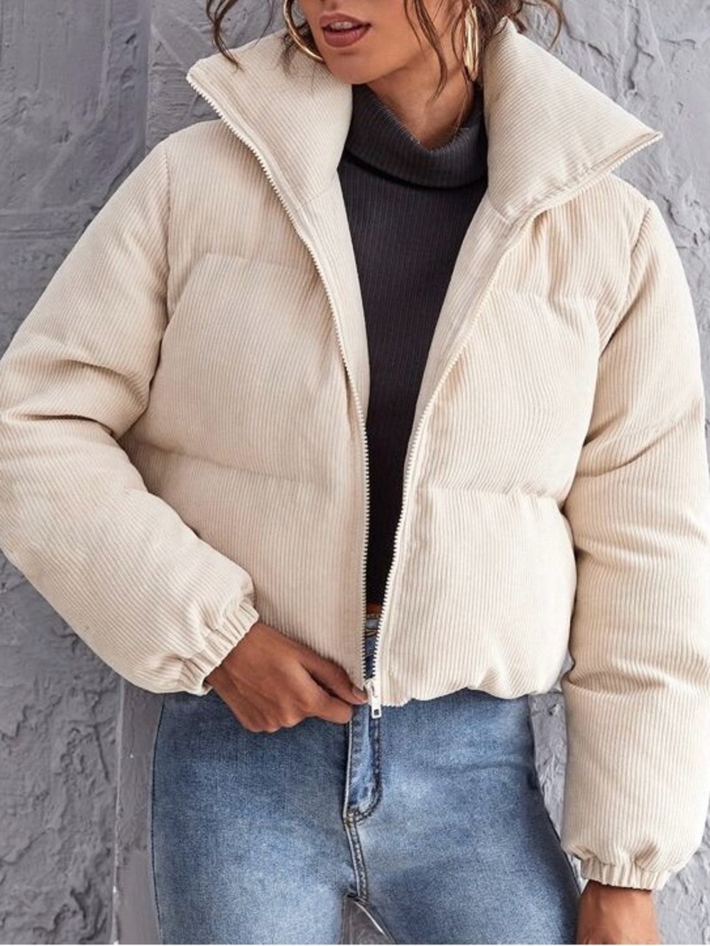 Cropped Corduroy Puffer Jacket Cream Beige - Sz Small